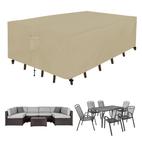 Easy-Going rectangle patio cover on camel dining table set showing full coverage and protection from sun and rain