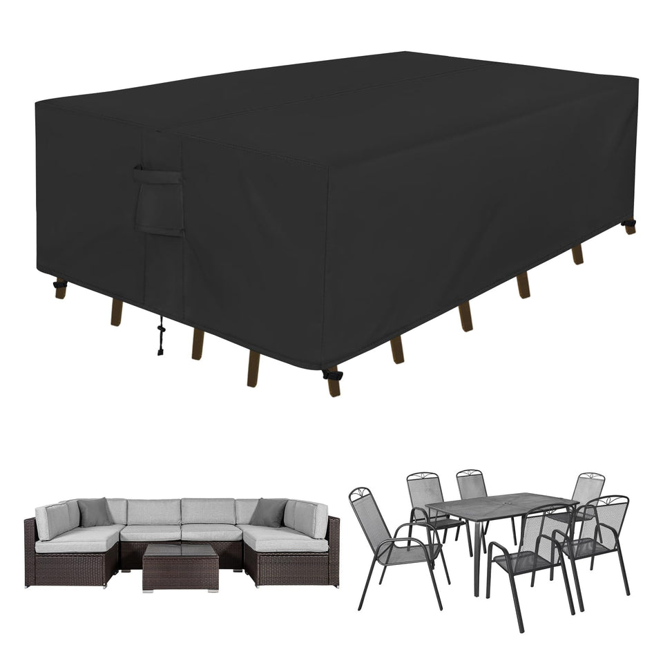 Easy-Going rectangle patio cover fitted over table and chairs for a secure look