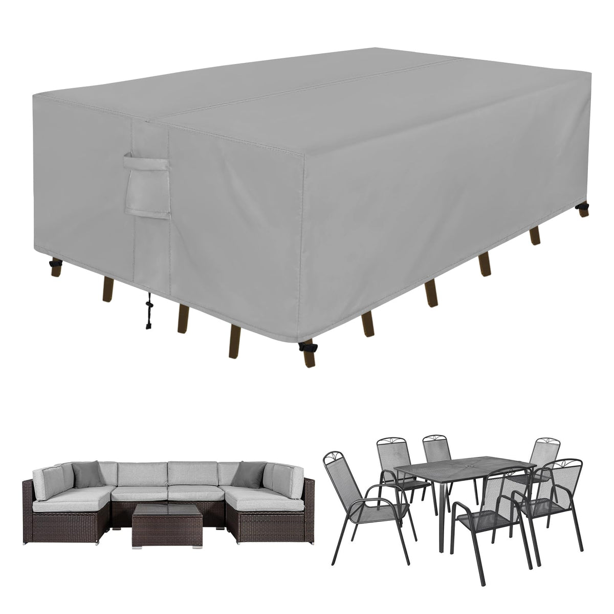 Easy-Going rectangle patio cover top view protects table and chairs.