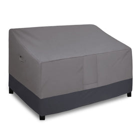 Easy-Going waterproof outdoor sofa cover front view protects a gray two-seater from rain and sun