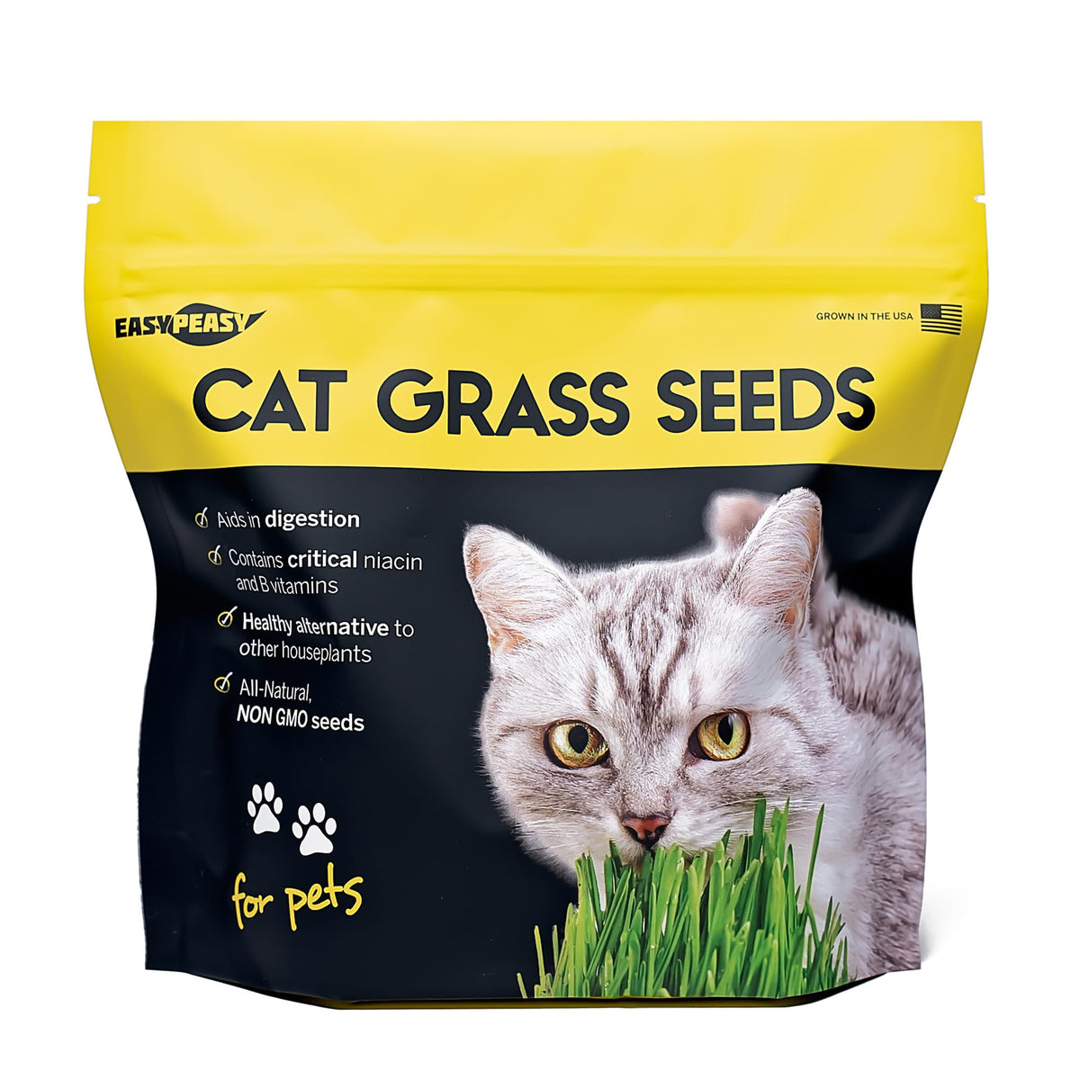 Easy Peasy CATGRASS seeds in a BPA-free bag for safe indoor nibbling.