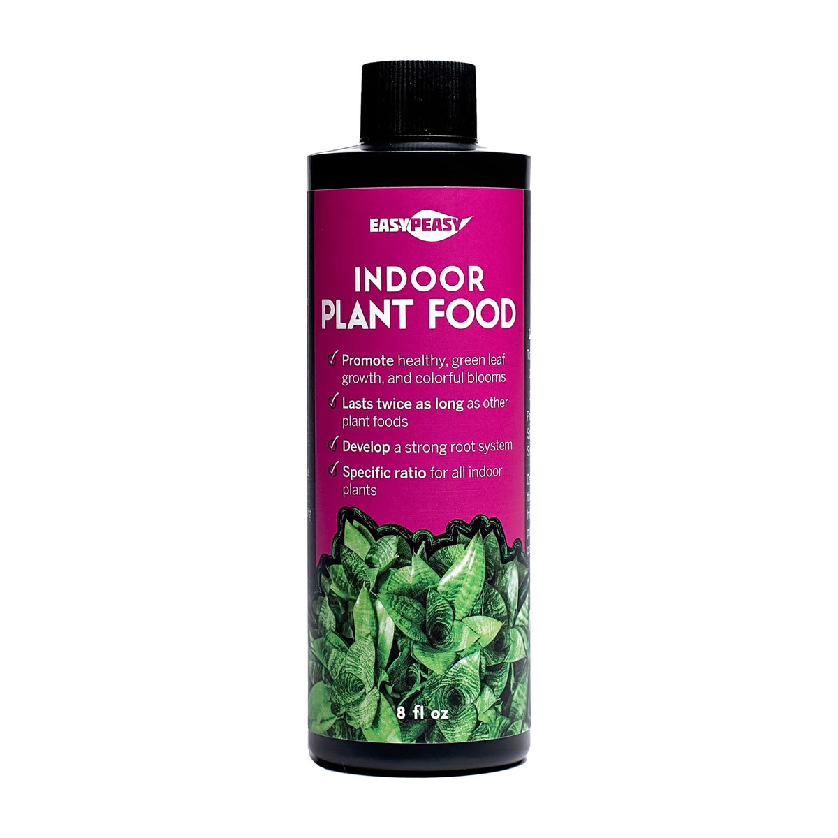 Easy Peasy liquid indoor plant food bottle shown for convenient watering and steady nourishment.