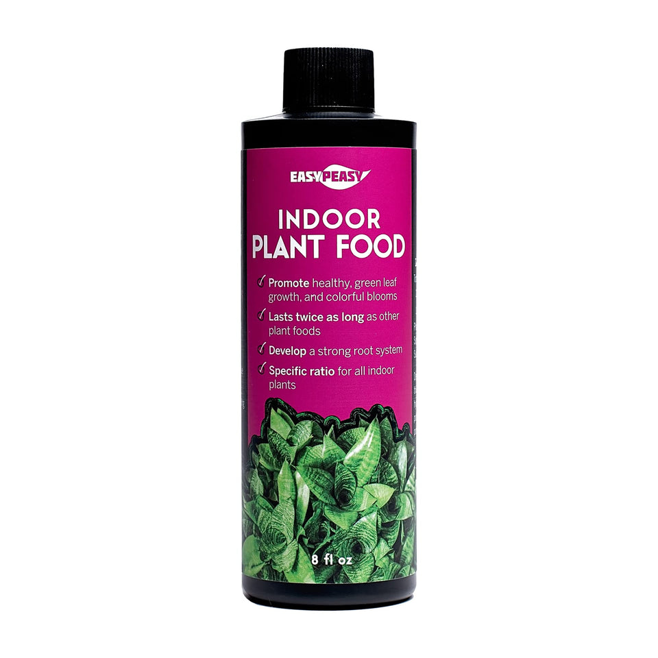 Easy Peasy liquid indoor plant food bottle shown for convenient watering and steady nourishment.