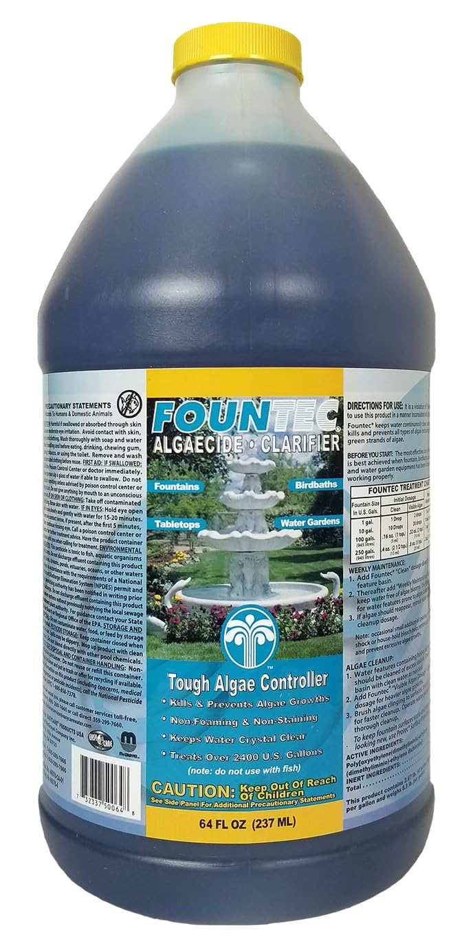 Easycare Fountec pour bottle demonstrating easy algae removal in fountains.