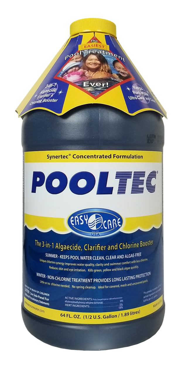EasyCare PoolTec algaecide bottle for algae control and a sparkling pool
