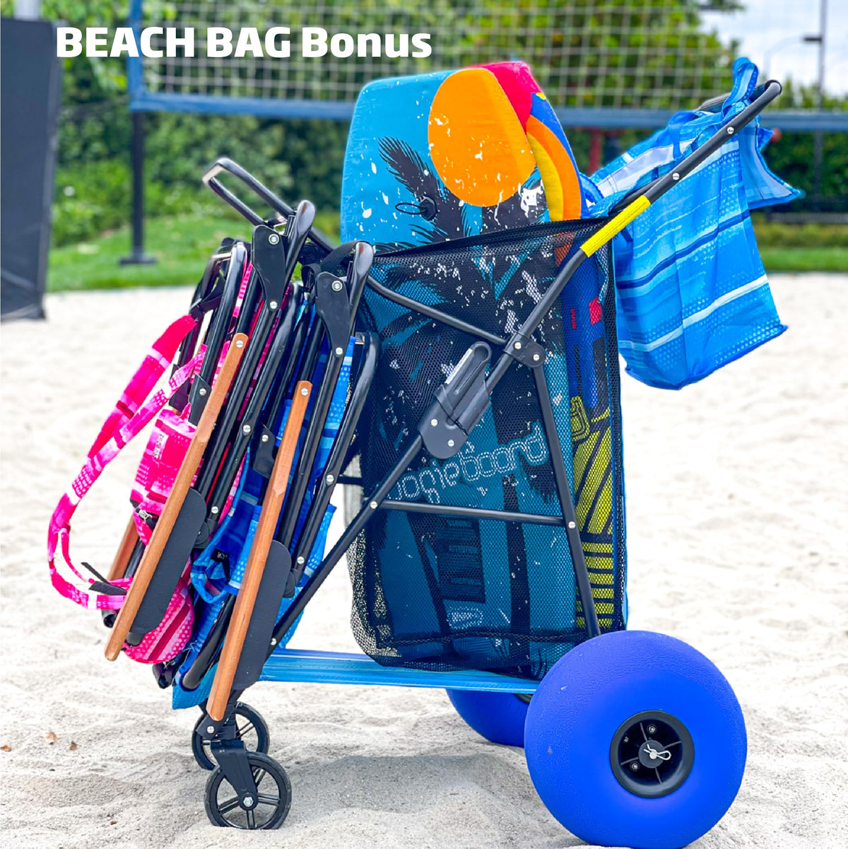 EasyGo Deluxe Beach Cart front swivel wheels enable precise steering on pavement