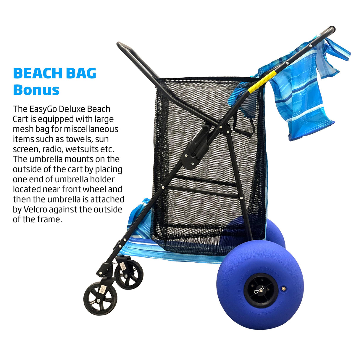 EasyGo Deluxe Beach Cart removable beach bag adds flexible storage