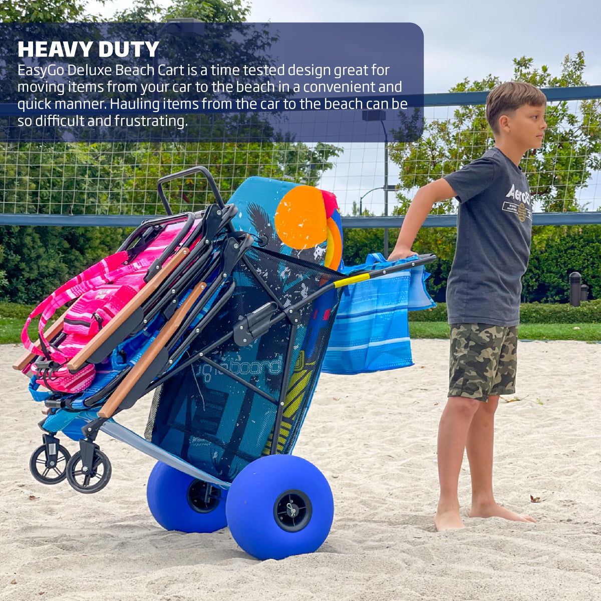 EasyGo Deluxe Beach Cart sand performance rear wheels stabilize heavy loads