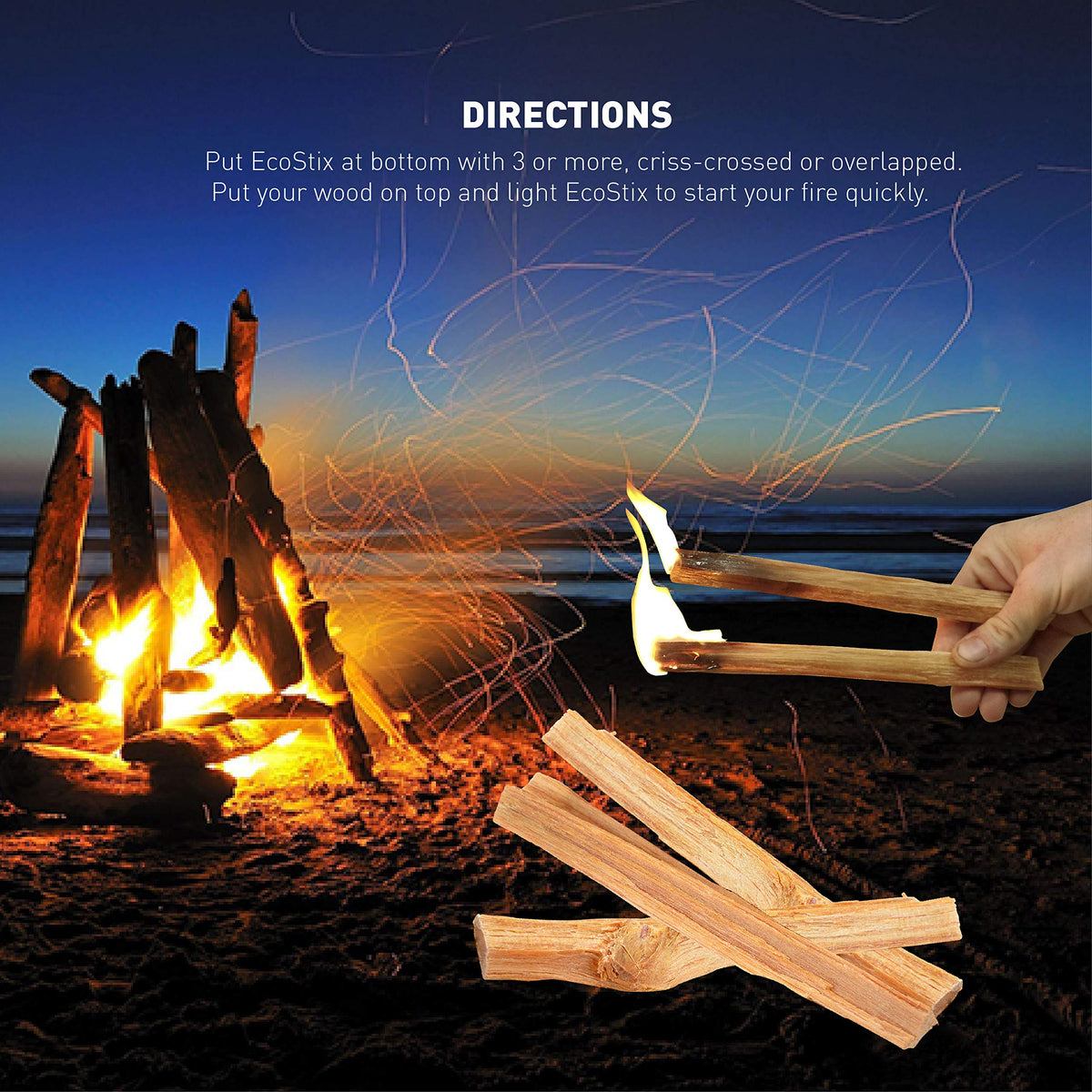 EASYGO Eco-Stix Fatwood for camping kindling under a starry sky.