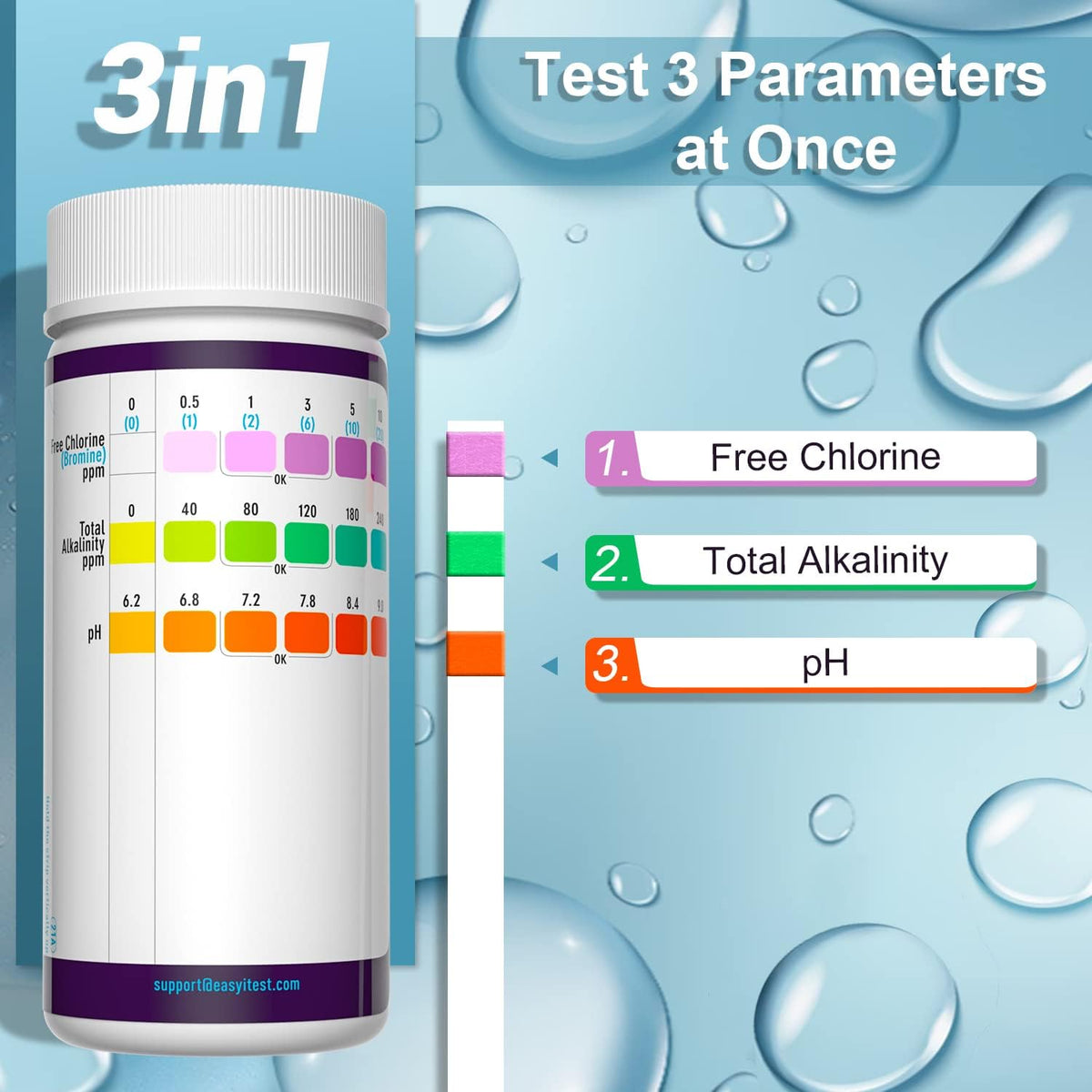 EasyTEST 3-in-1 pool strip testing total alkalinity, chlorine, and pH.