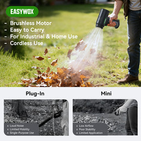 EasyWox cordless blower in compact design for garage cleanup.