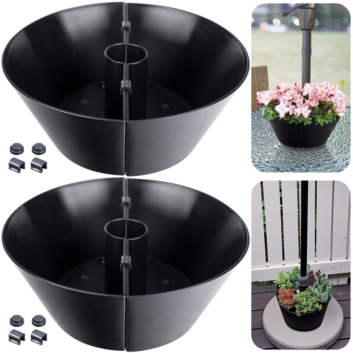 EBaokuup umbrella planter round-hole fit secures poles up to 2 inches.