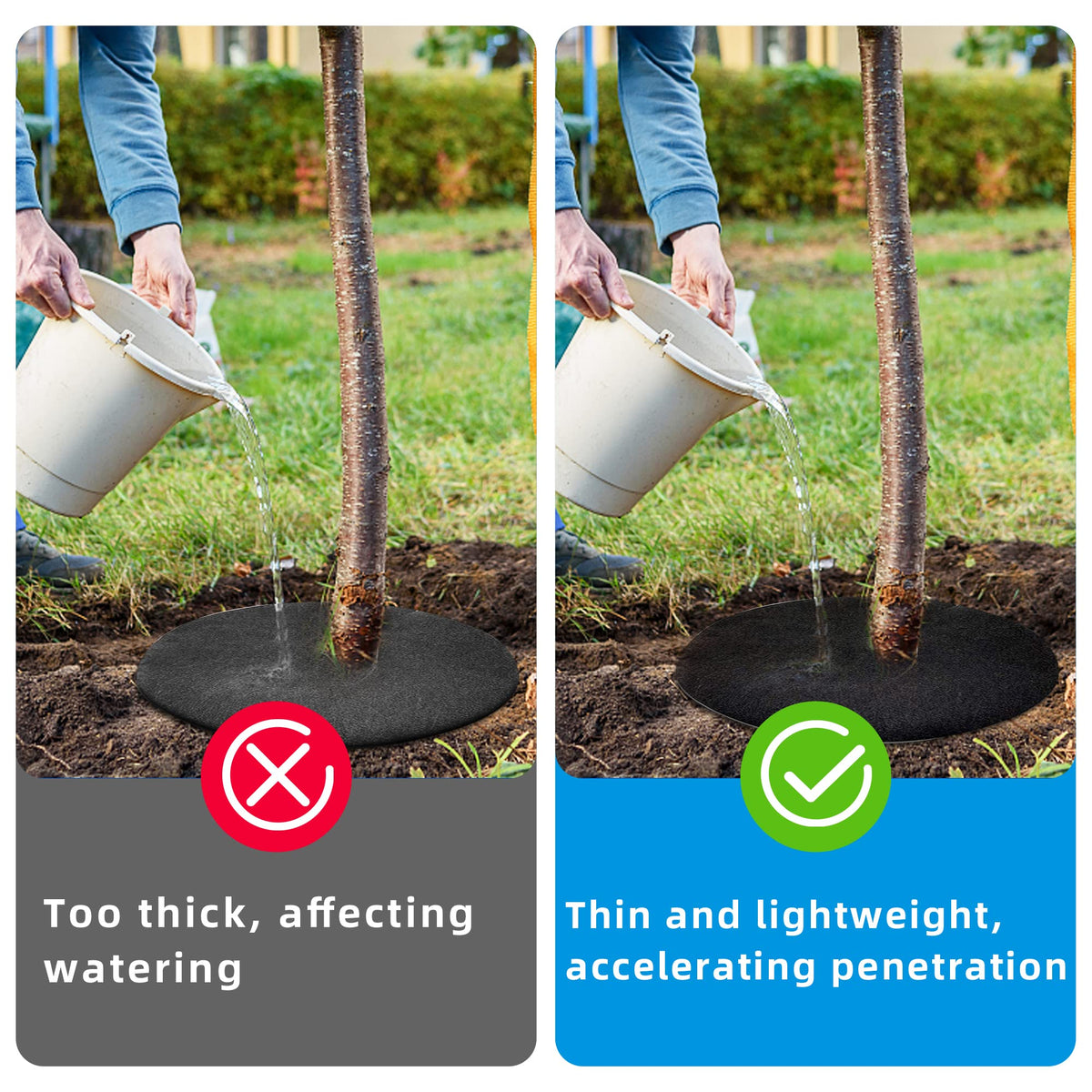 Easy install weed barrier placed around a tree trunk