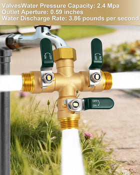 Close-up of EBH brass garden hose splitter highlighting durable construction.