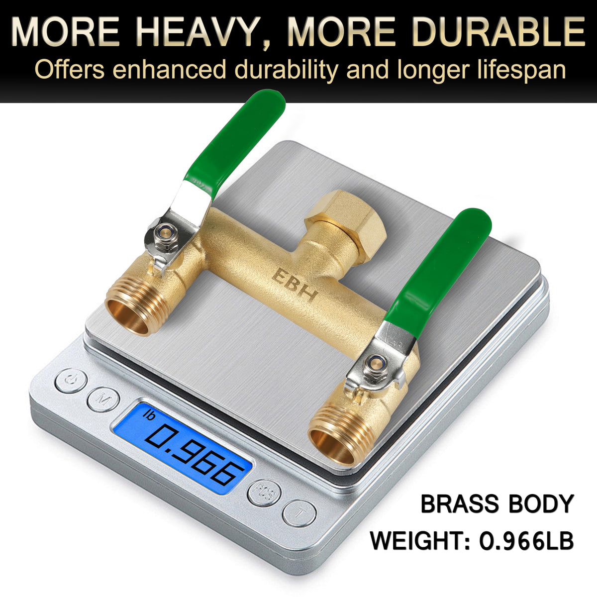 EBH garden hose splitter featuring large 0.43 inch outlets for higher flow.