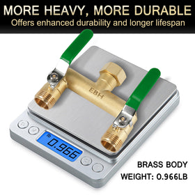 EBH garden hose splitter featuring large 0.43 inch outlets for higher flow.