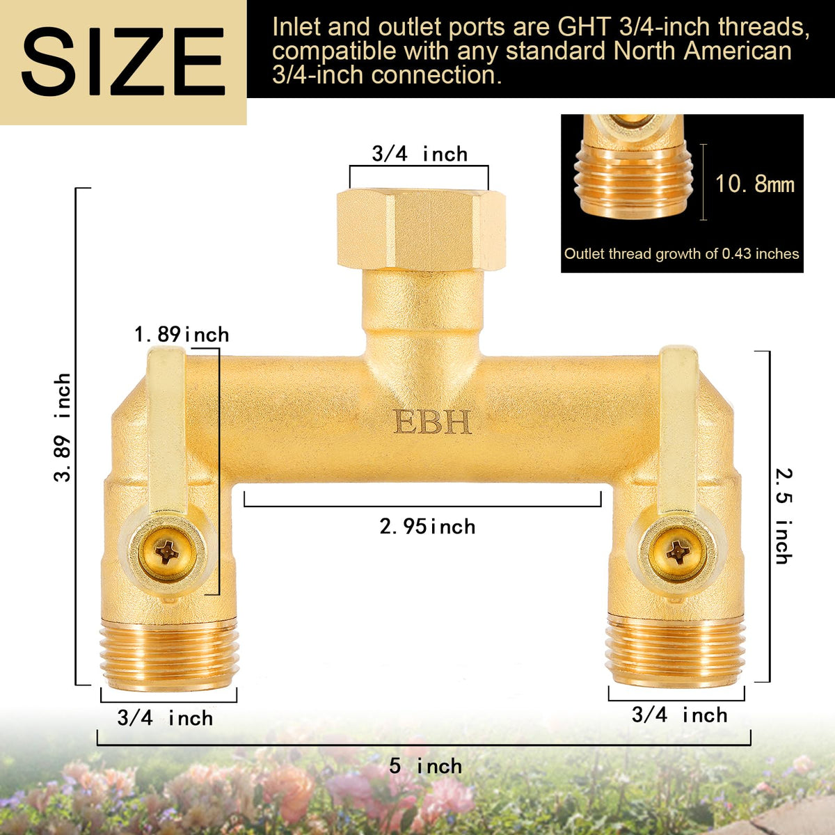 EBH hose splitter with long metal handle provides comfortable grip for precise flow control.