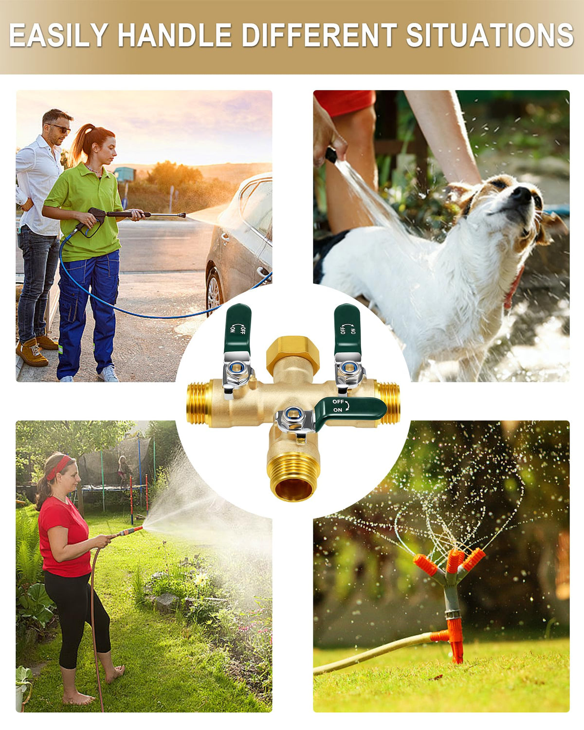 EBH garden hose splitter featuring standard 3/4-inch threaded connection.