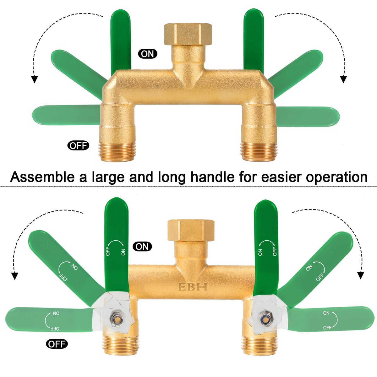 EBH garden hose splitter with upgraded flow design for two-outlet performance.