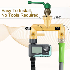 EBH two-way splitter with ergonomic handles simplifies adjusting water to sprinklers and hoses.