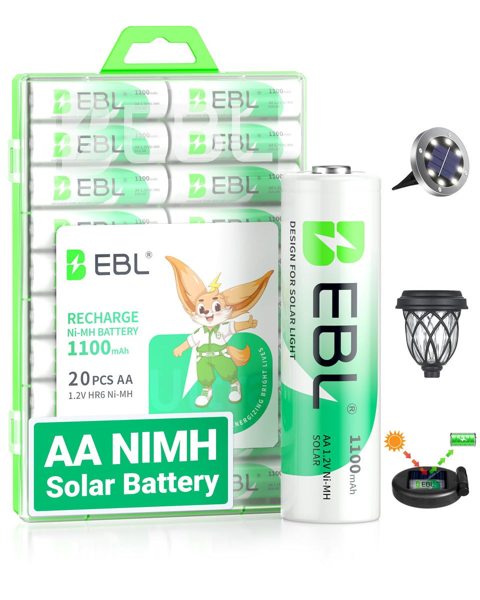 EBL 1100mAh solar AA batteries pack powering outdoor lights.