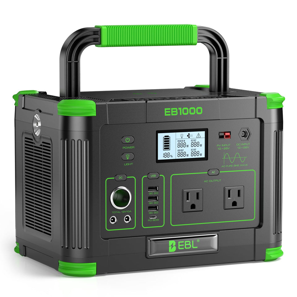 EBL portable power station 1000W outlet enables all-day camping power.