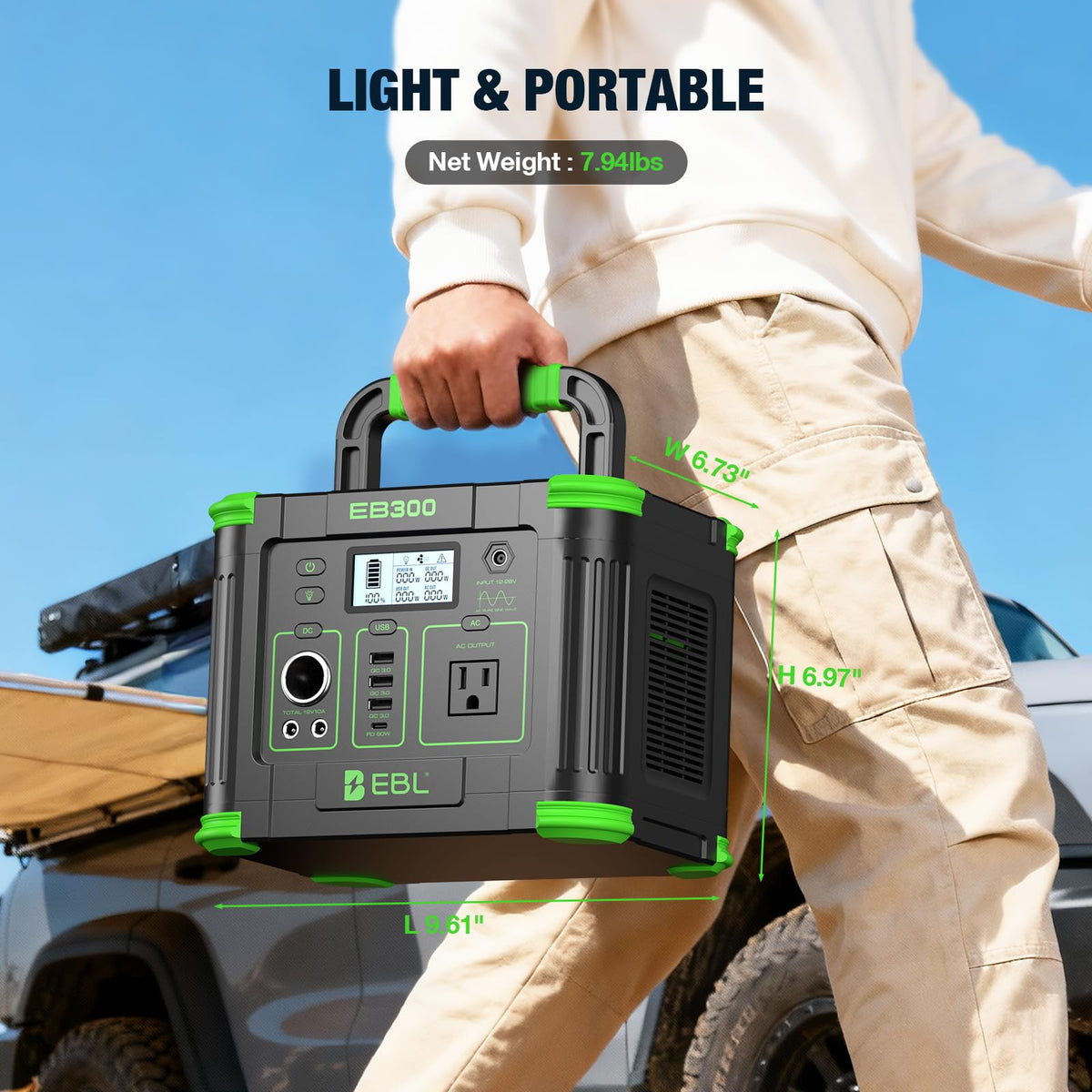 EBL portable power station with accessories demonstrates portability and flexible charging options.