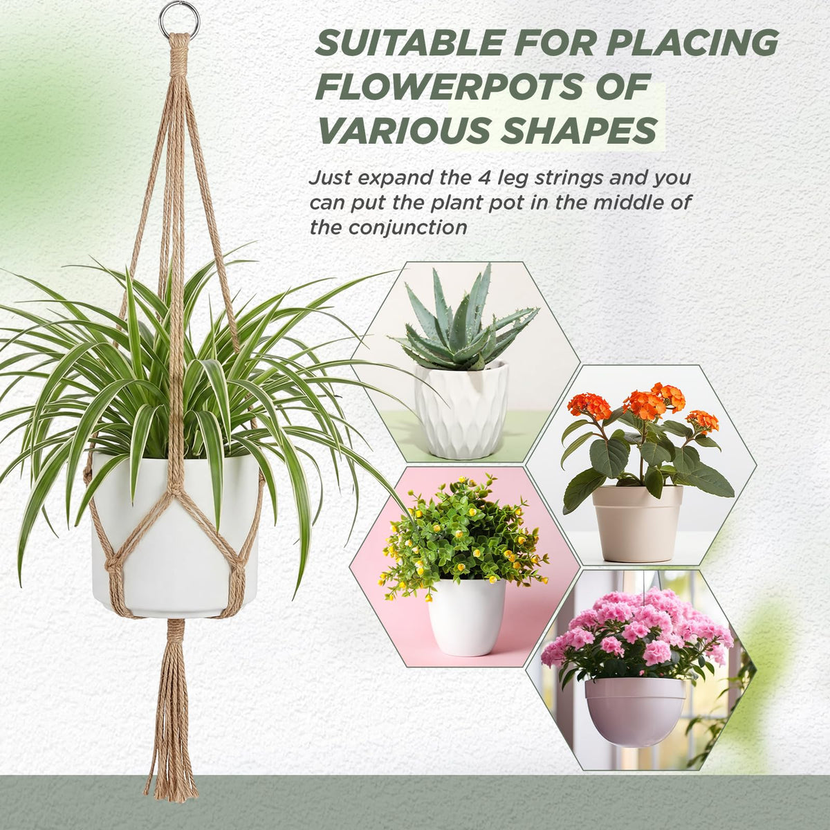 EBOOT assembly-ready macrame hanger shown with plant pot ready to hang.
