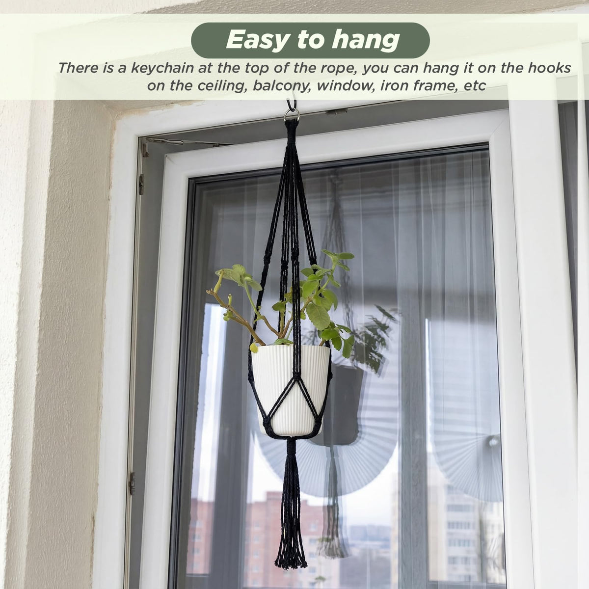 EBOOT outdoor-ready black macrame hanger for weather-exposed spaces.