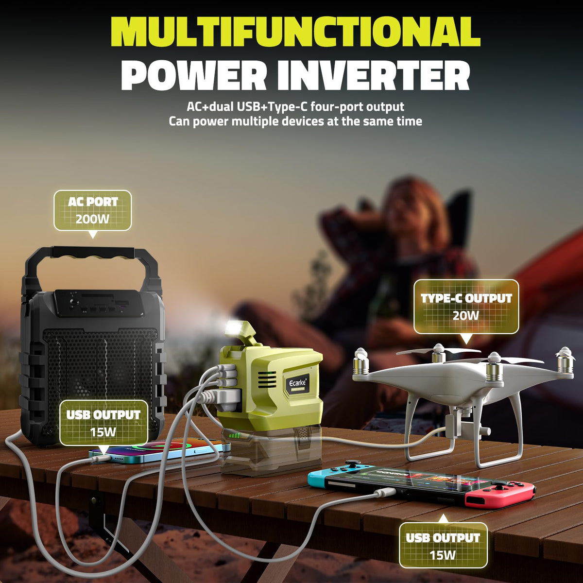 Ecarke 200W inverter USB ports enabling convenient mobile charging anywhere