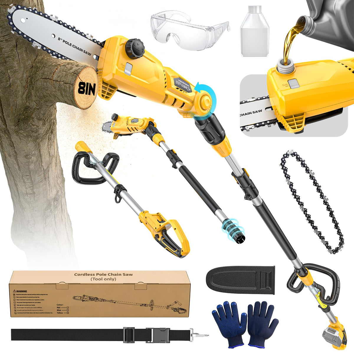 Ecarke cordless pole saw with Dewalt 20V battery compatibility enables reuse of existing packs