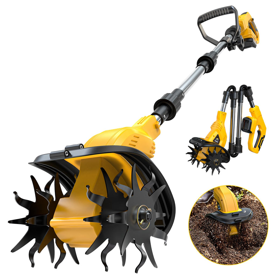 Ecarke cordless tiller showing 9-inch tilling width for seedbed prep