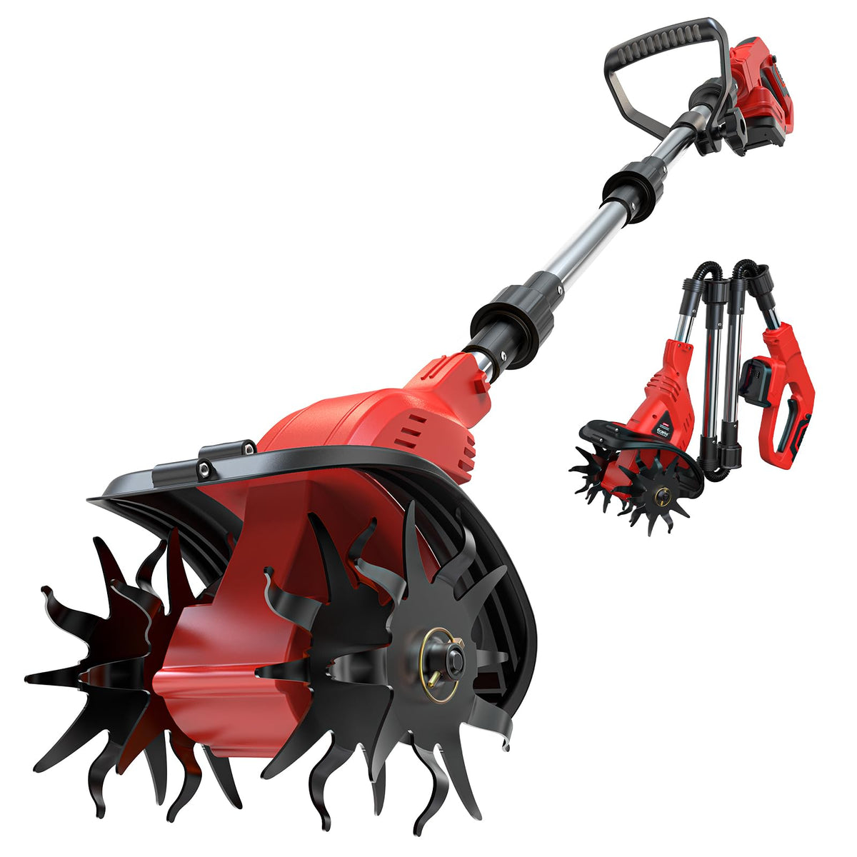 Ecarke cordless tiller connected to Milwaukee 18V power for versatile garden work