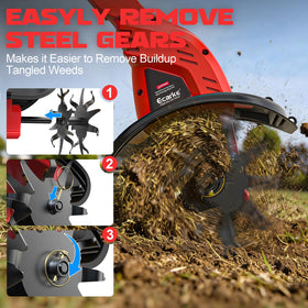 Ecarke detachable tine head for tool-free cleaning and weed clearing