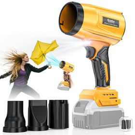 Ecarke cordless leaf blower in action showing compatibility with Dewalt 20V batteries for patios