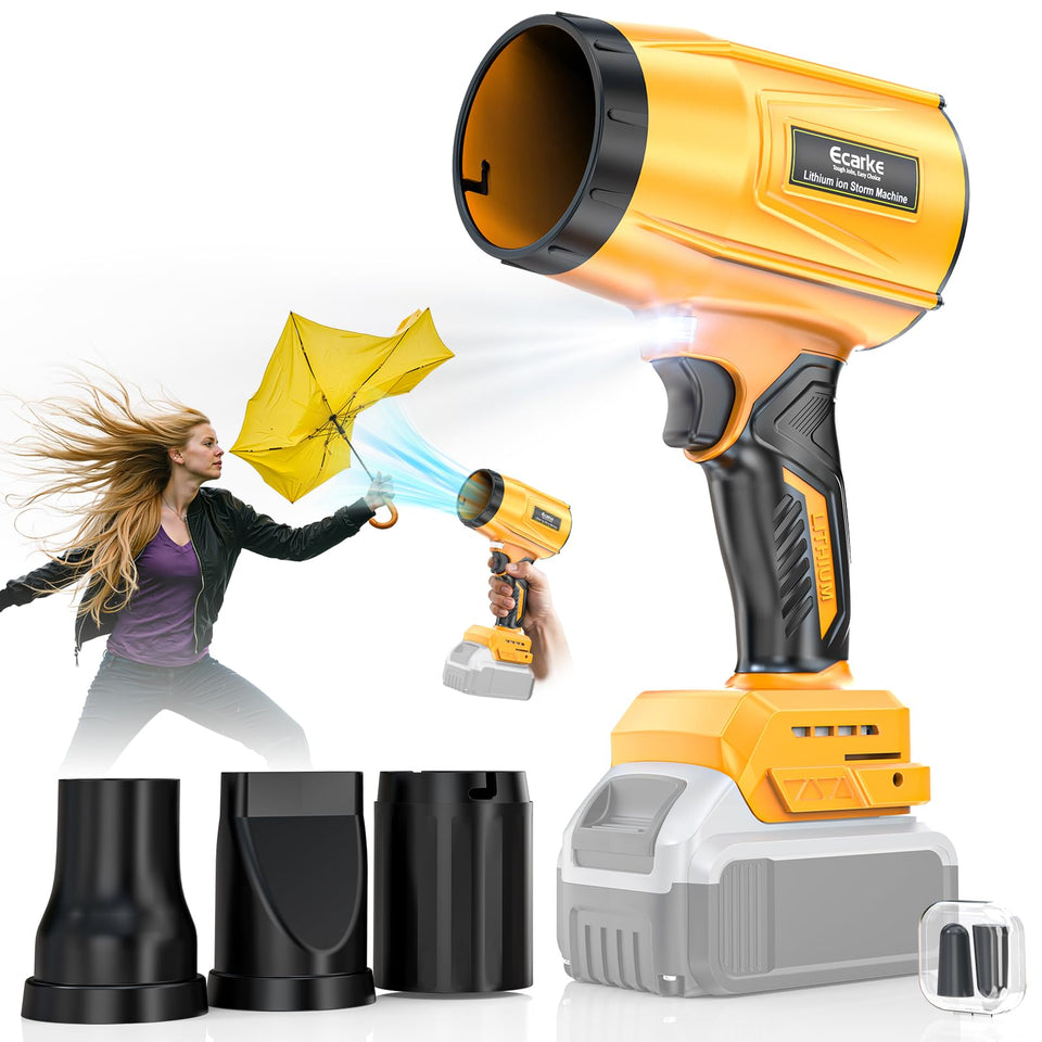Ecarke cordless leaf blower in action showing compatibility with Dewalt 20V batteries for patios