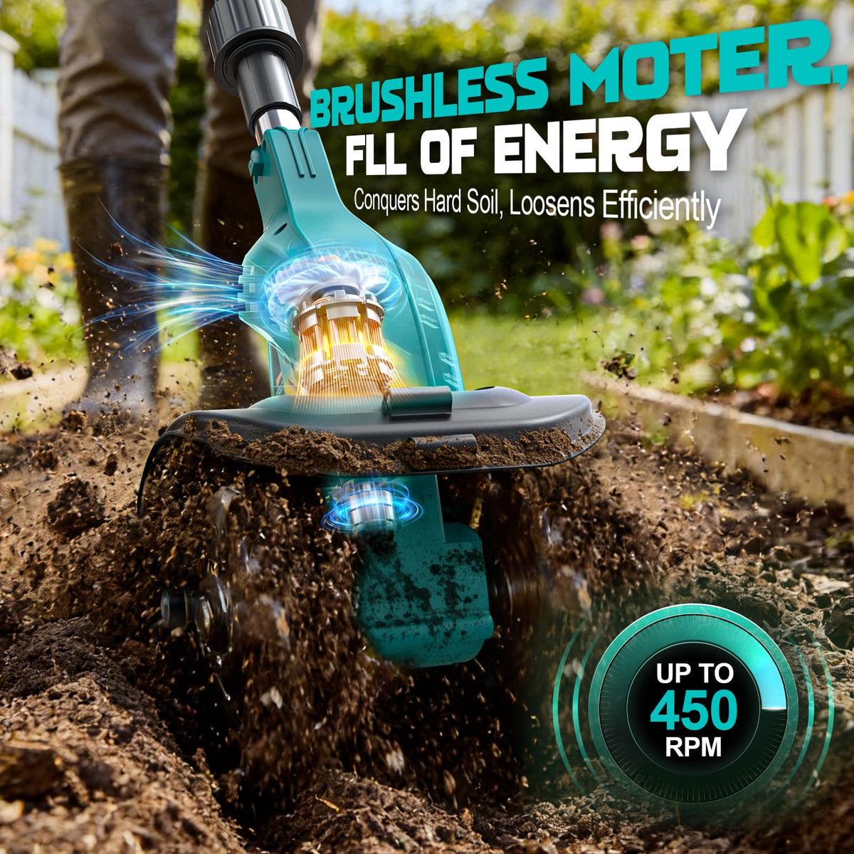 Ecarke tiller showing Makita compatibility with 18V batteries