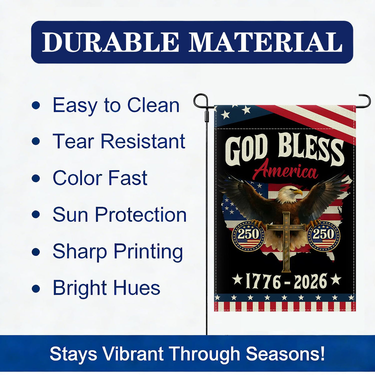 ECCYMY God Bless 250 Years flag 12x18 fits standard stands for easy setup
