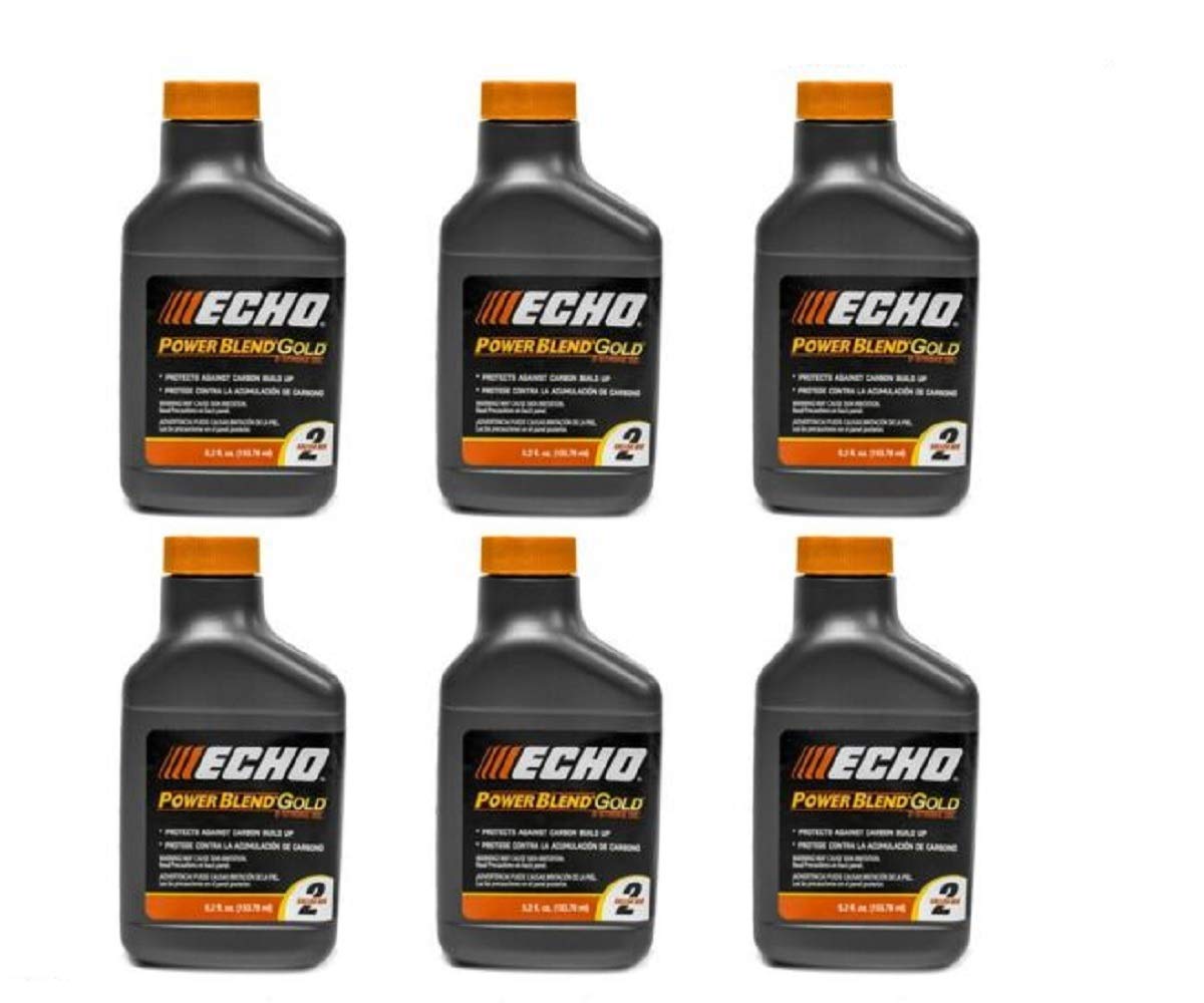 Echo 6450002 PK6 2-gallon bottle shows clear oil blend for easy pouring