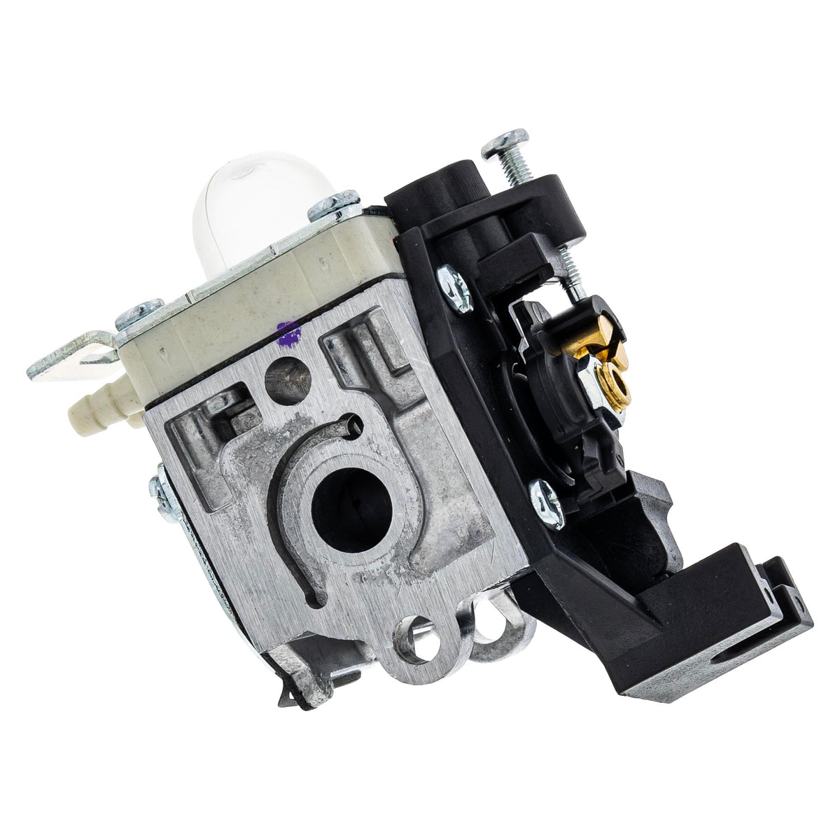 Echo A021004890 carburetor closeup highlights precise mounting for reliable replacement.