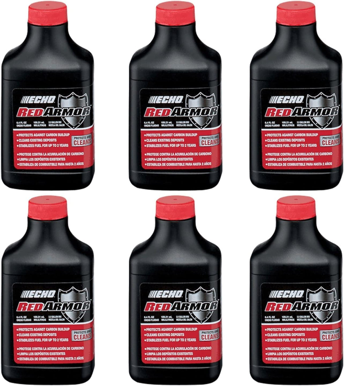 Echo Red Armor label close-up showing 50:1 ratio and fuel stabilizer