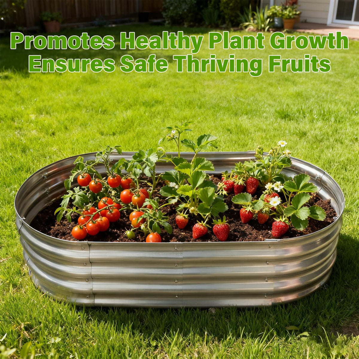 Eclaron two-pack oval planter boxes installed in a sunny backyard for vegetables and flowers.