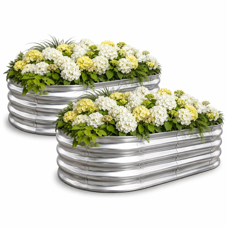 Eclaron oval raised garden bed 2-pack highlights space-saving patio gardening.