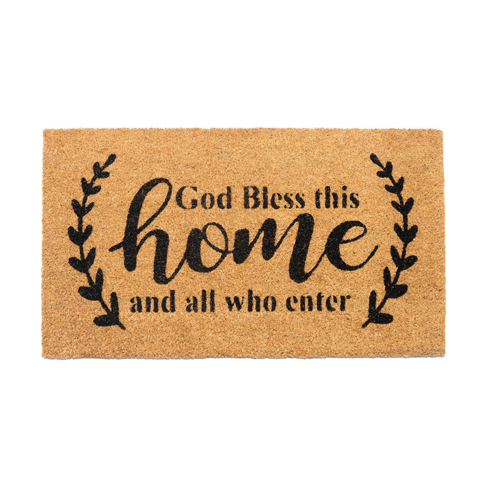 Eco Living welcome doormat with god-bless-this-home print in beige and black for entryways.