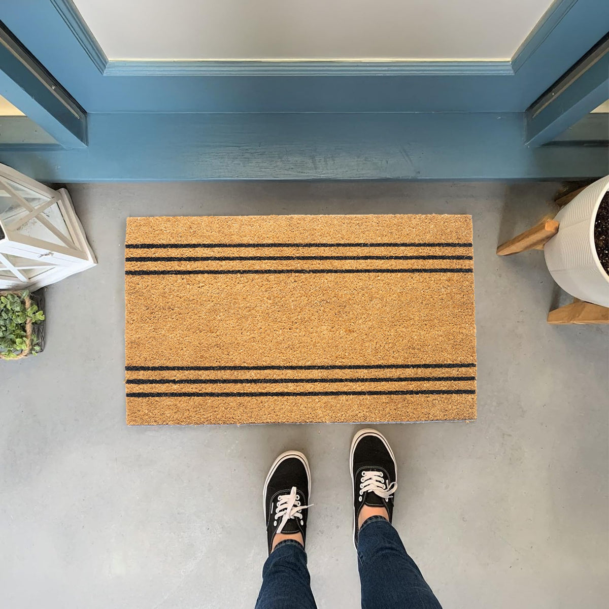 Eco Living Doormat designed for indoor-outdoor use with stylish beige and black stripes