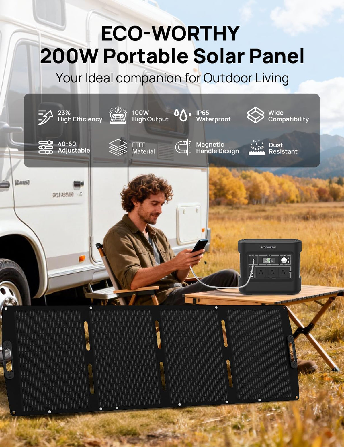 ECO-WORTHY 200W panel kickstand setup enables quick angling for optimal sun exposure.
