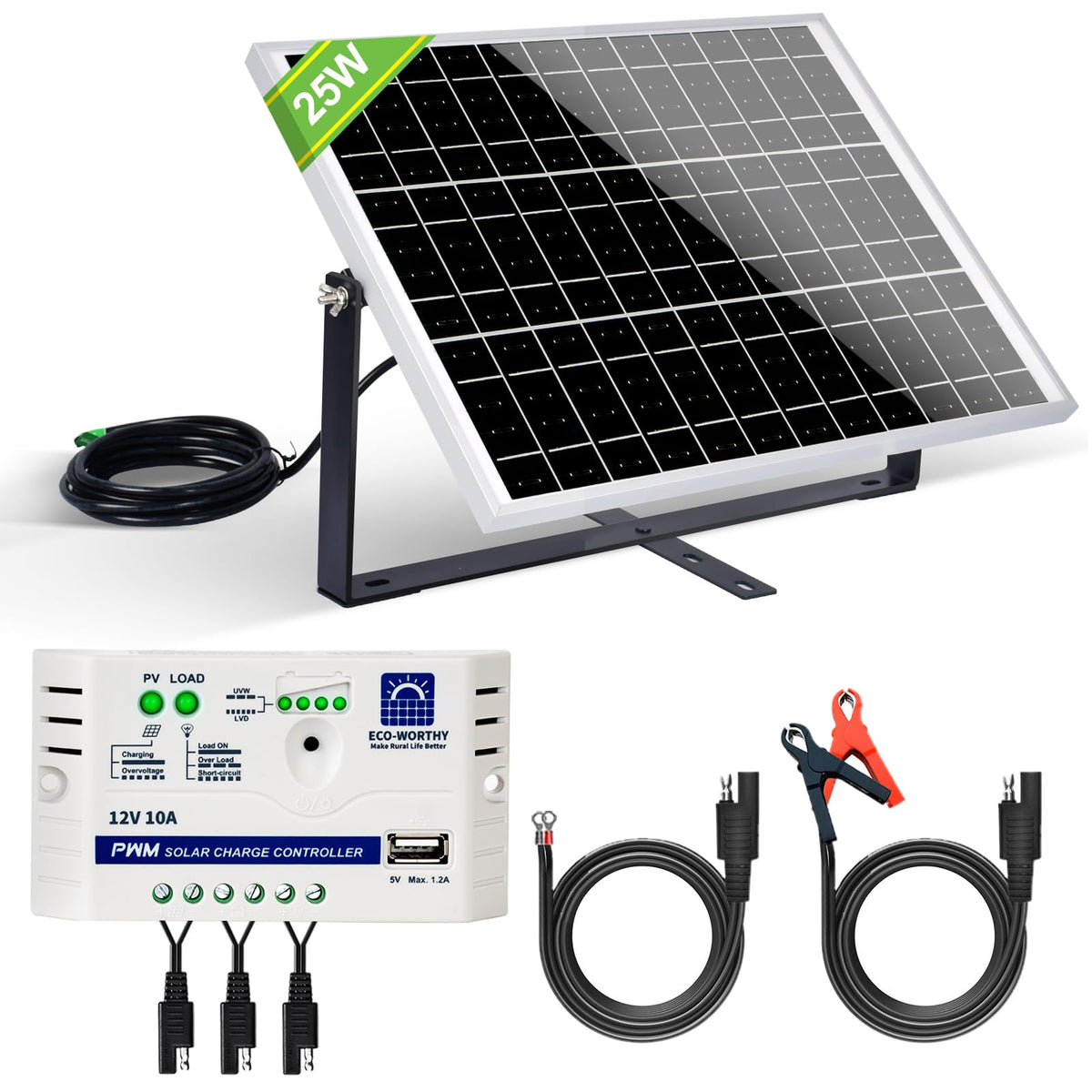 Eco-Worthy 25W panel front view showing compact outdoor charging capability