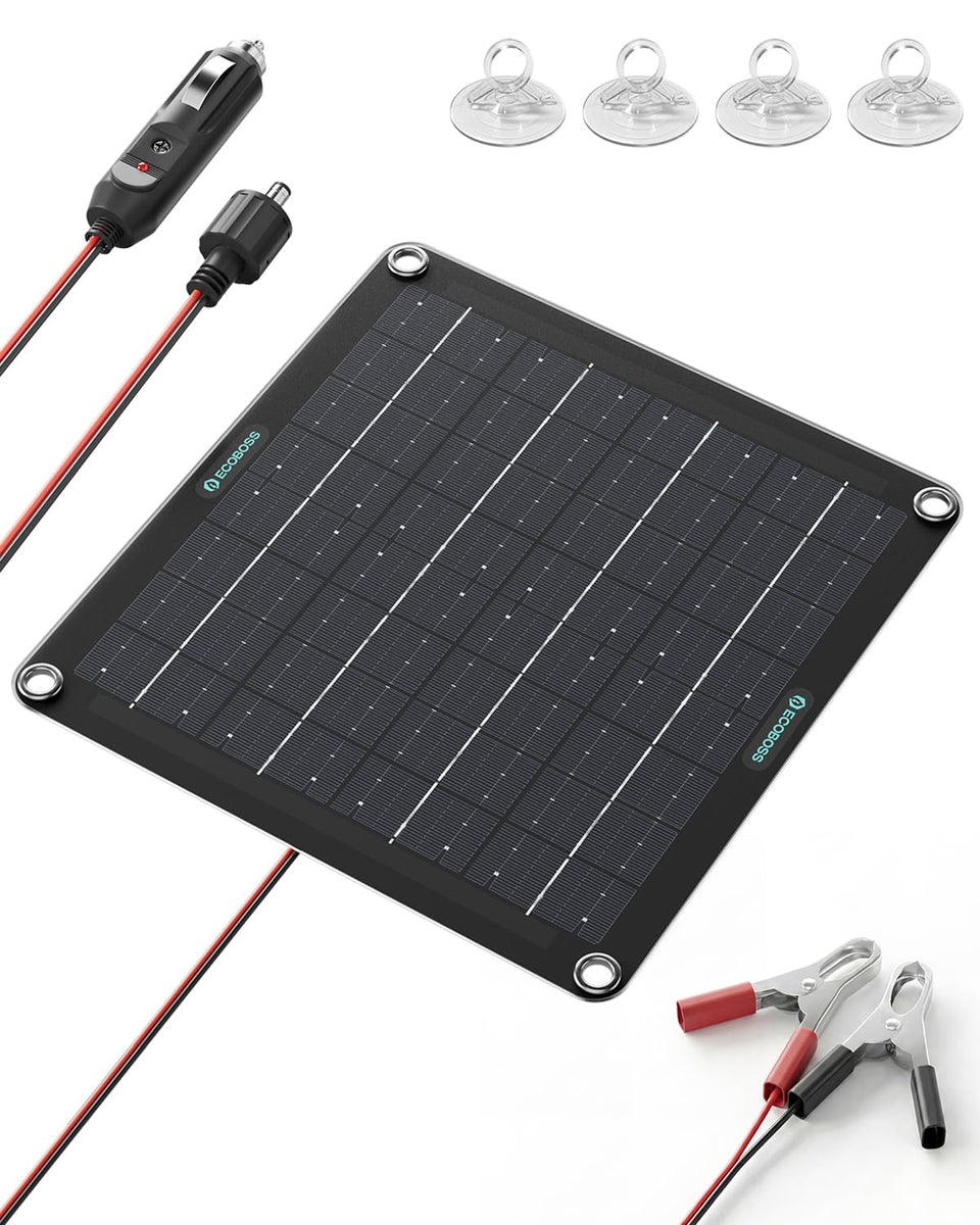 ECOBOSS solar charger on dash enables quick 10W charging in daylight