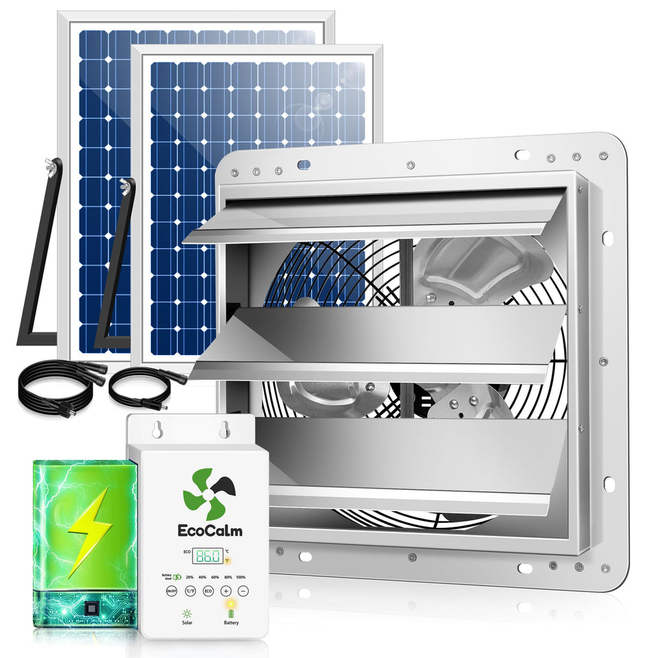 ecoCalm 12-inch solar exhaust fan with battery for night ventilation and daytime cooling
