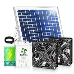 ecoCalm solar exhaust fan with battery operation showing daytime use for coop cooling.